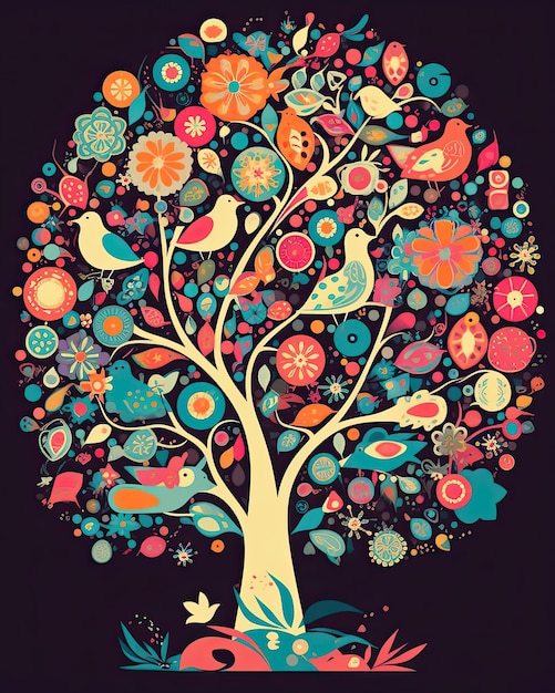 colorful easter tree with birds and floral flowers