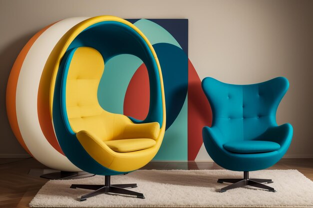 a colorful egg chair with a square pattern on it