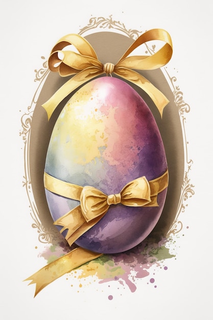 A colorful egg with a gold ribbon tied around it.