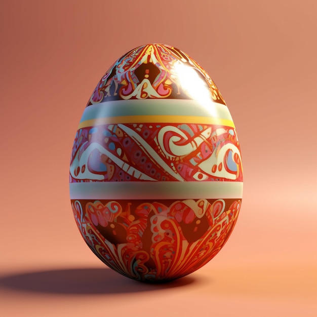 A colorful egg with a pattern on the front and a brown background.