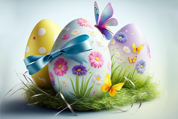 Colorful eggs for Easter in a meadow with flowers and butterflies isolated on light Generative AI