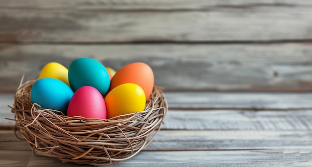 Colorful eggs in a wicker basket on a background of wooden planks