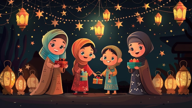 Colorful Eid al Adha cartoon vector illustration featuring a family in traditional attire exchanging gifts and greetings with a decorated background of lanterns and stars Generative AI