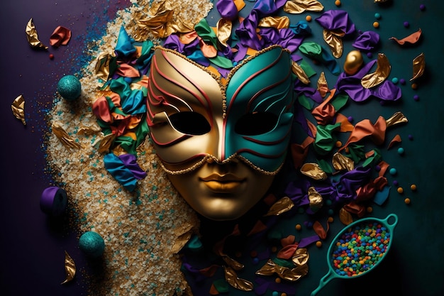 Colorful and elaborate Mardi Gras carnival mask with feathers, ribbons, rhinestones, and glittering