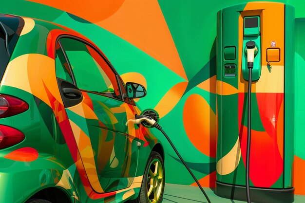 Photo colorful electric car charging at a green and orange station