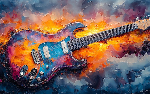 Photo a colorful electric guitar on fire painted in an abstract style