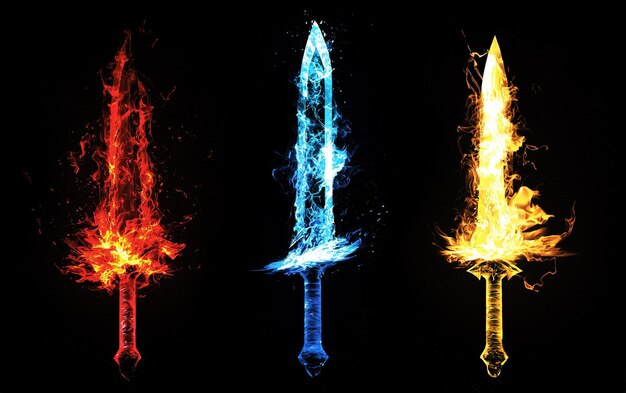 Photo colorful elemental swords emitting flames and energy against a dark background showcasing unique magical designs and vibrant hues