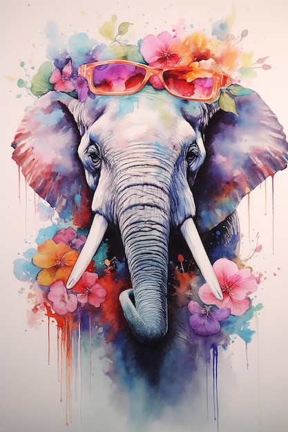 A colorful elephant with flowers on his head