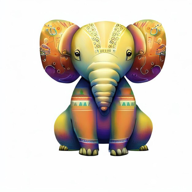 A colorful elephant with a pattern on its head is painted in different colors.