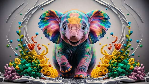 a colorful elephant with a rainbow on its back is shown