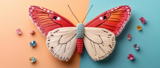 Colorful Embroidered Butterfly with Paper Flowers Creative Art