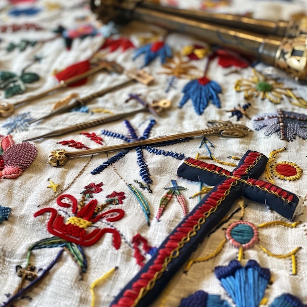 A colorful embroidered cloth with a cross and other items on it