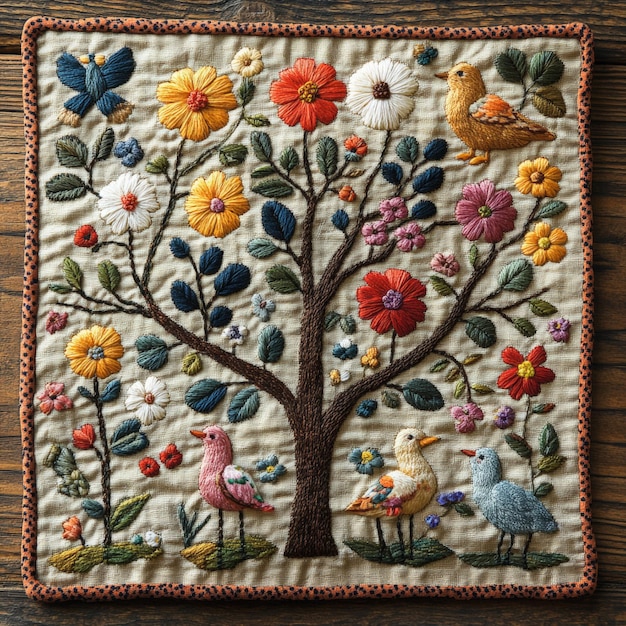 Photo colorful embroidered tree with birds and flowers