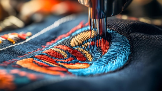 Photo colorful embroidery being created on navy fabric using sewing machine