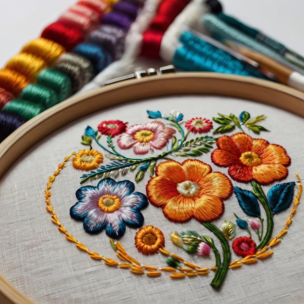 a colorful embroidery ring is on a table with other items