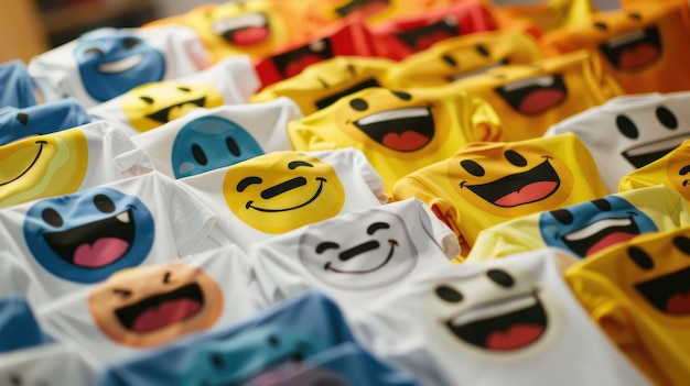 Colorful emoticon faces on fabric arranged in rows