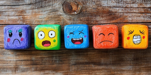 Photo colorful emotion cubes displayed on wooden surface