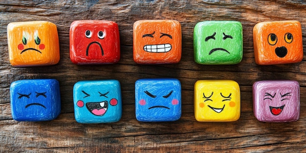 Photo colorful emotion cubes displayed on wooden surface