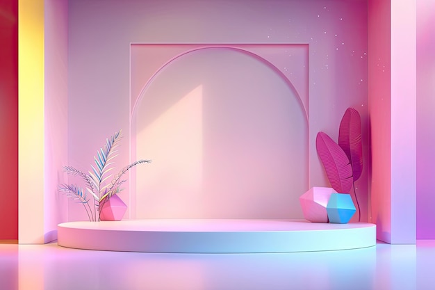 Colorful Empty Room with Stand Podium Archway and Glowing Cactus Illuminating Space Background