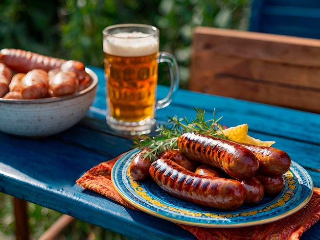 Photo a colorful enamel plate brimming with grilled sausages nestled next to a tall glass of craft beer