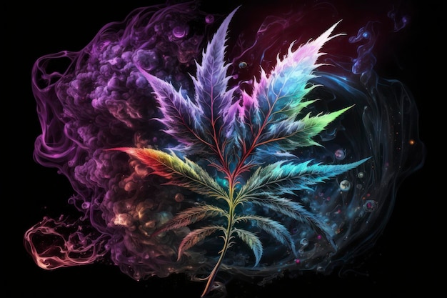 A colorful and energetic cannabis on a black background in the style of light skyblue