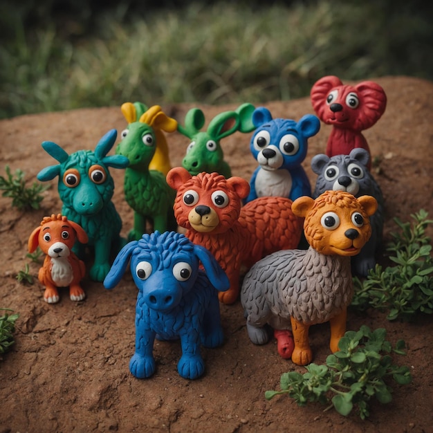 Photo a colorful and engaging scene of plasticine animals showcasing a range of species from the farm and jungle