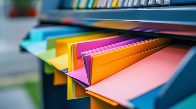 Photo colorful envelopes and stationery organized in a bright outdoor mail stand on a sunny day