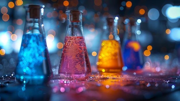 Colorful Erlenmeyer Flasks Filled With Liquid on Tabletop With a Blurred Background of Bokeh Lights