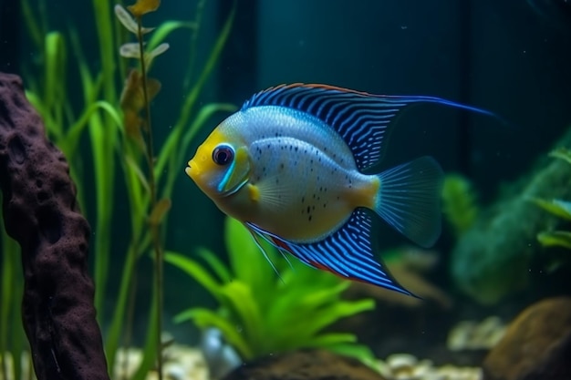 Colorful exotic fish swimming in deep blue water aquarium with green tropical plants