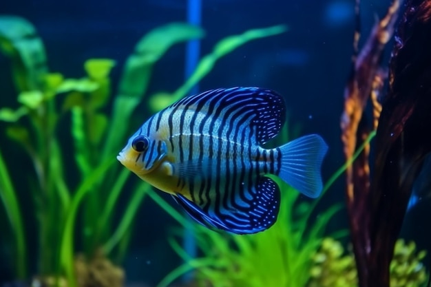 Colorful exotic fish swimming in deep blue water aquarium with green tropical plants