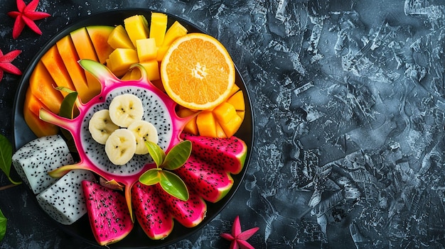 Photo colorful exotic fruit platter with dragon fruit and various fresh fruits