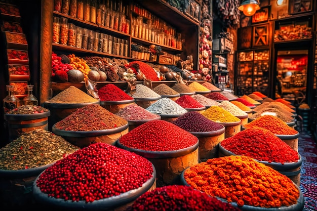 The colorful and exotic spice markets of Istanbul in Turkey offer a vibrant and sensory summer travel background with aromatic spices handmade textiles and traditional crafts