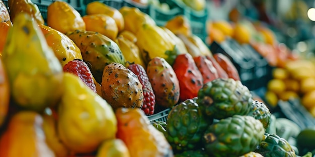 Colorful Exotic Tropical Fruits Displayed at Market Stall