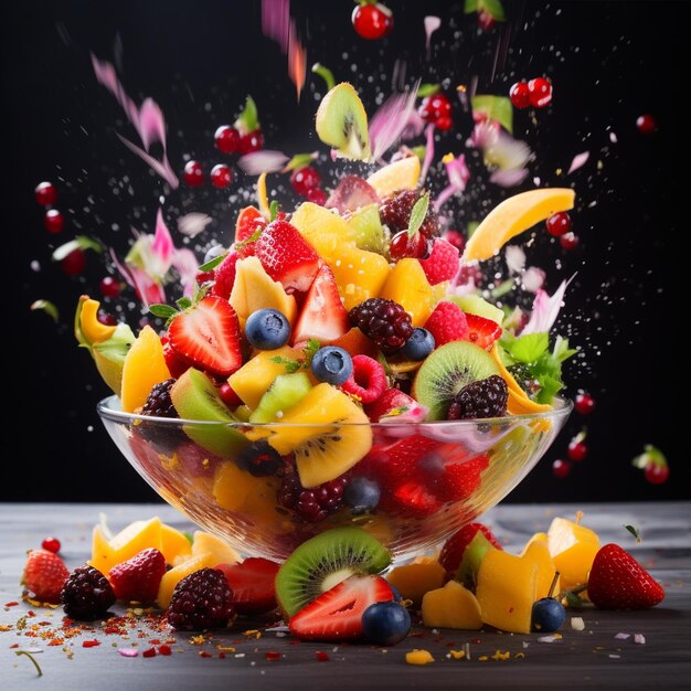 Photo colorful exploding fruit salad in a bowl