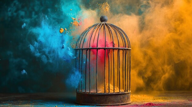 Photo colorful explosion in a birdcage