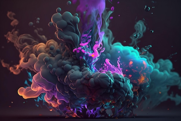 A colorful explosion in a dark background with a purple and blue smoke coming out of it.