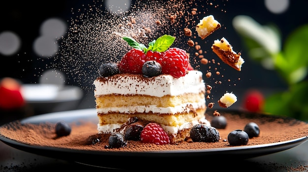 Photo colorful explosion of delicious tiramisu and its ingredients in aerial close up view