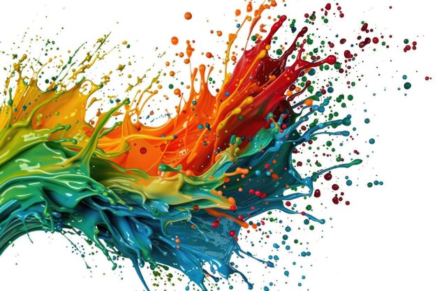 Photo a colorful explosion of paint creates a mesmerizing abstract art piece the paint splatters across a white background in a dynamic and chaotic motion