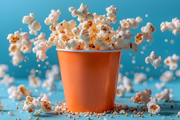 Colorful Explosion of Popcorn in an Orange Bucket Against a Vibrant Blue Background Perfect for Food Advertising and Marketing Campaigns