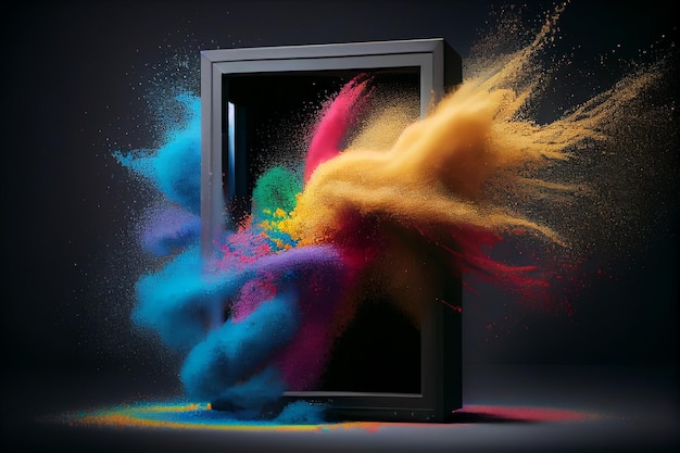 Colorful explosion of powder in the form of a frame on a black backgroundgenerative ai