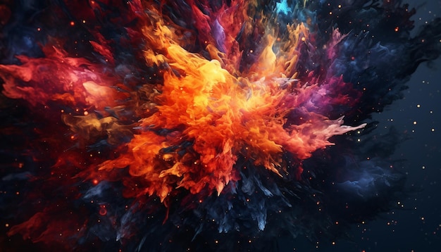 A colorful explosion in space with a blue background