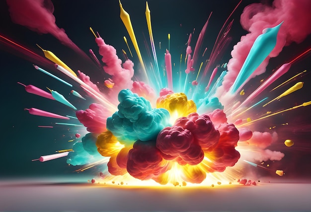 Colorful explosion with fire photo on dark background various splashing colorful