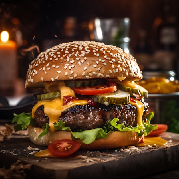 An colorful extreme expressive closeup photo shot radiant graceful of a juicy delicious burger in a