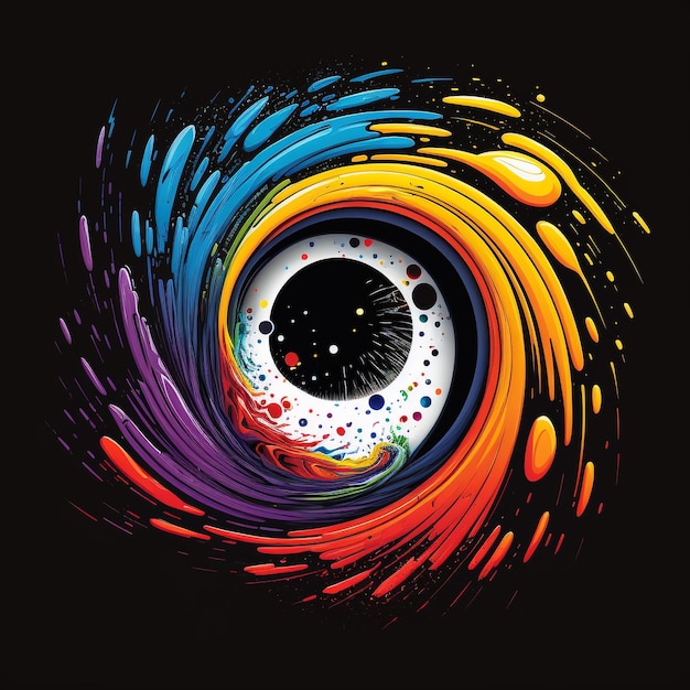 A colorful eye is in the center of a black background.