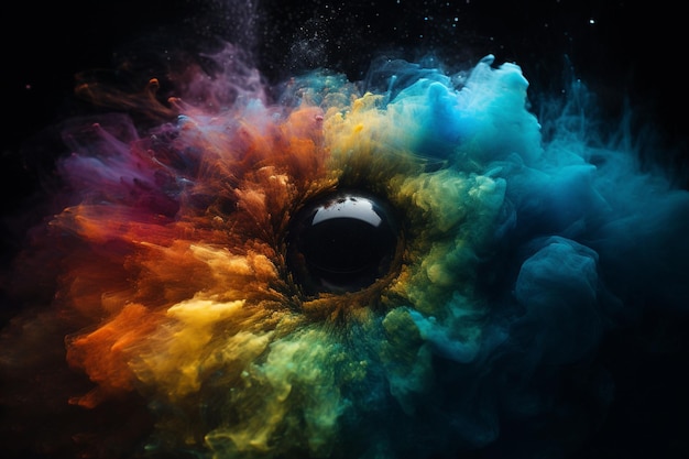 A colorful eye with a black hole in the center and a black hole in the middle.