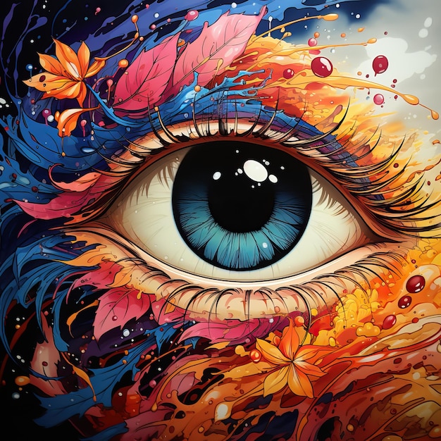 A colorful eye with flowers and leaves