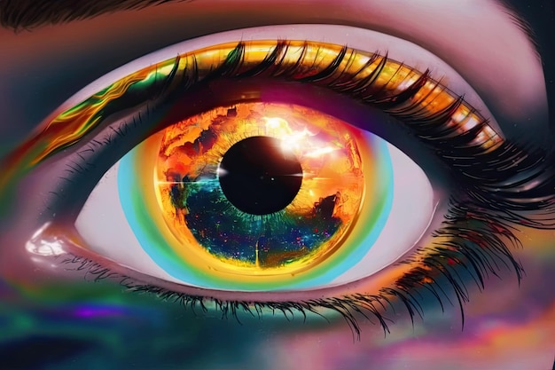 A colorful eye with a rainbow effect.