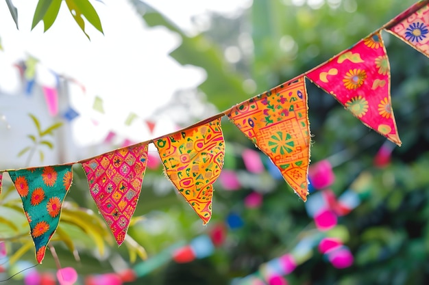 Colorful fabric bunting hung for a festival Indian background concept