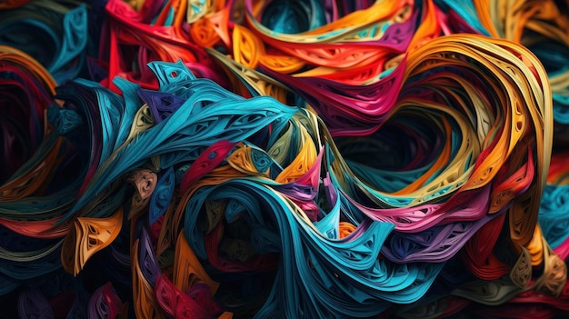 A colorful fabric is piled up and the word love is on the top right.