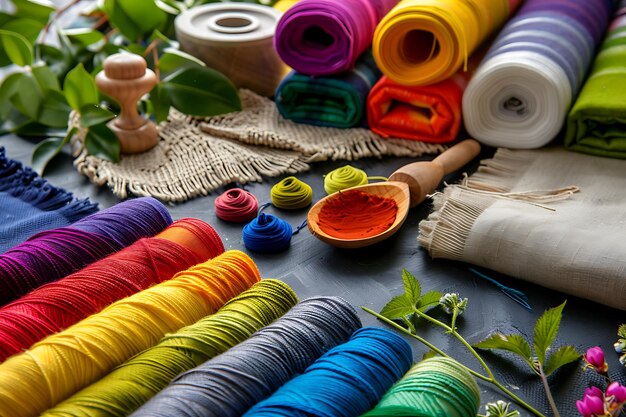 Photo colorful fabric rolls and natural dyes for textile art